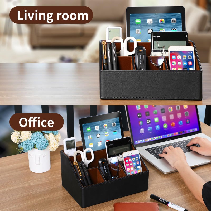 Cretkhp Pu Leather Desk Organizer  Multifunctional Storage Box with 5 Compartments  Office Accessories Pen Pencil Business Name Cards Remote Control Holder (Black) - Image 5
